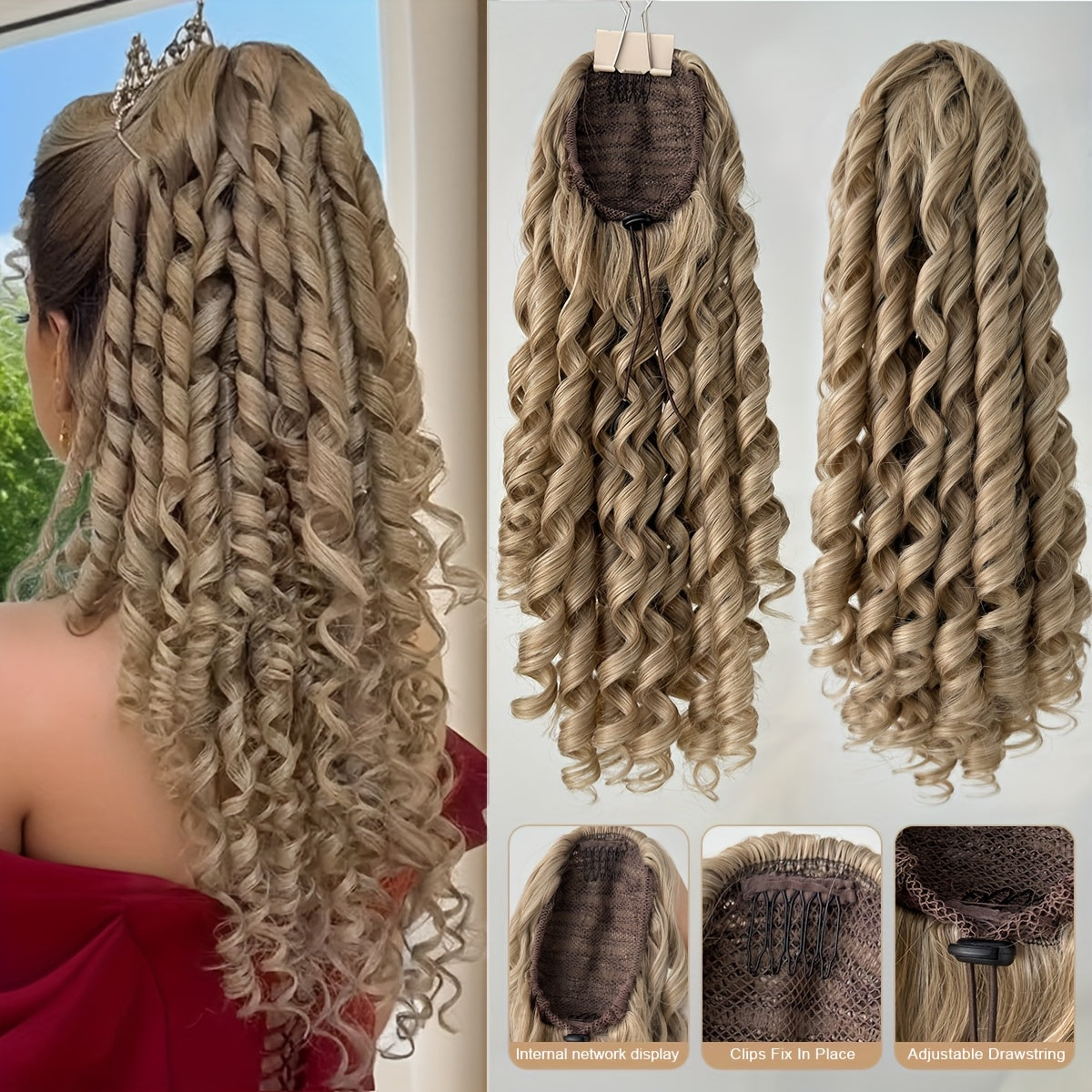 20" (50 cm) Deep Wave Drawstring Ponytail Extension – Clip-In Synthetic Hair in Burgundy, Red, Black, Brown, Blonde