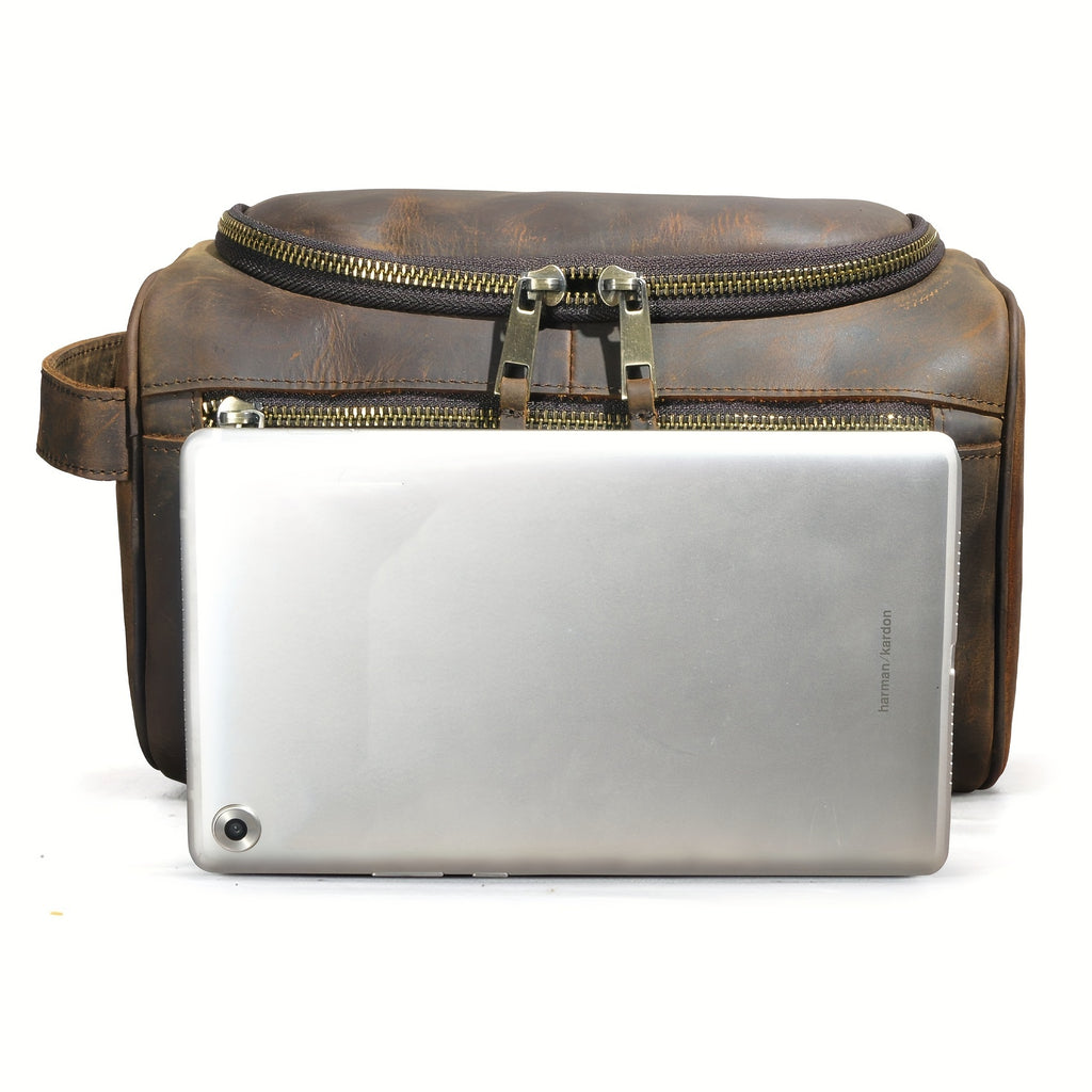 Top-Grain Cowhide Leather Men's Retro Dopp Kit Toiletry Bag – Zippered Multi-Compartment