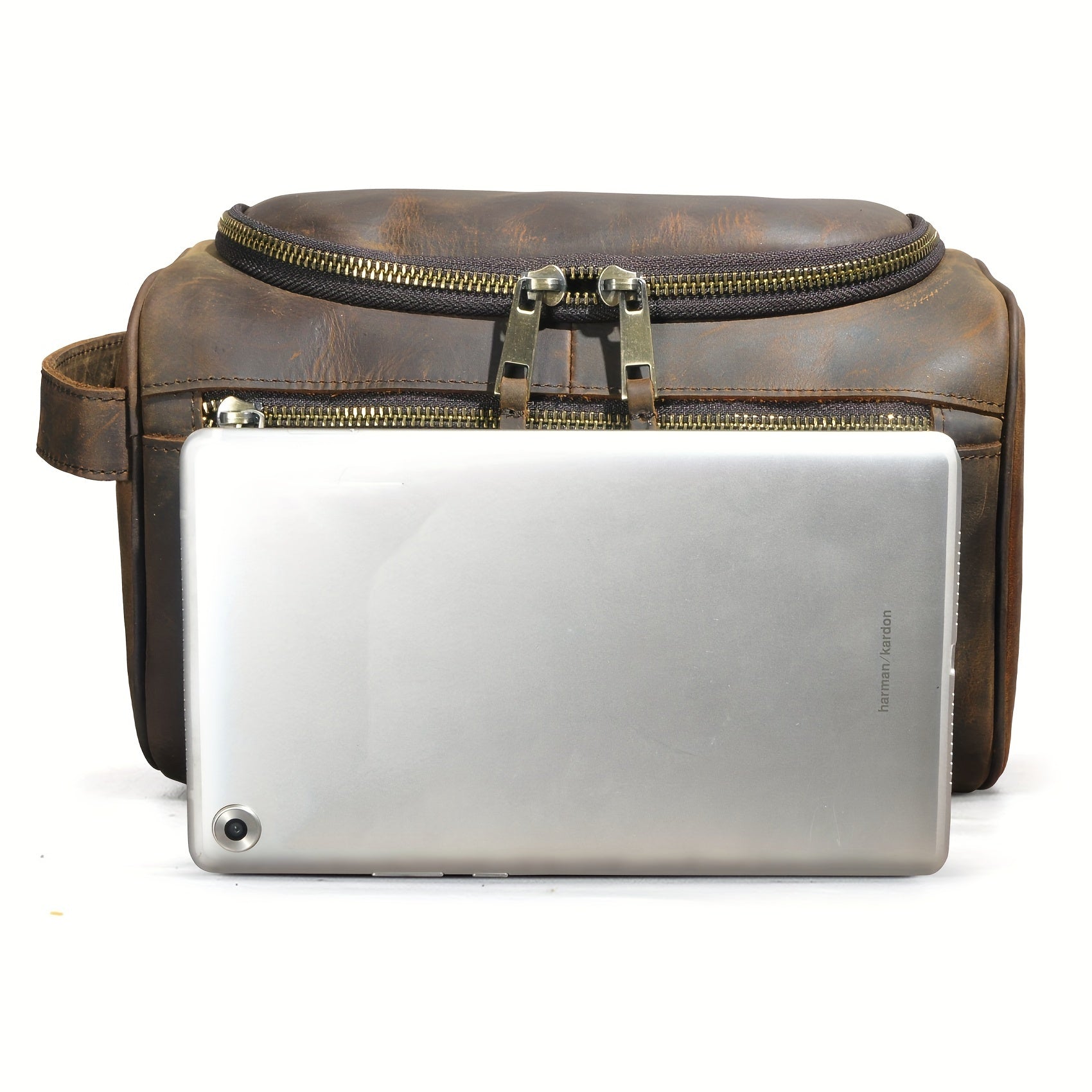 Top-Grain Cowhide Leather Men's Retro Dopp Kit Toiletry Bag – Zippered Multi-Compartment