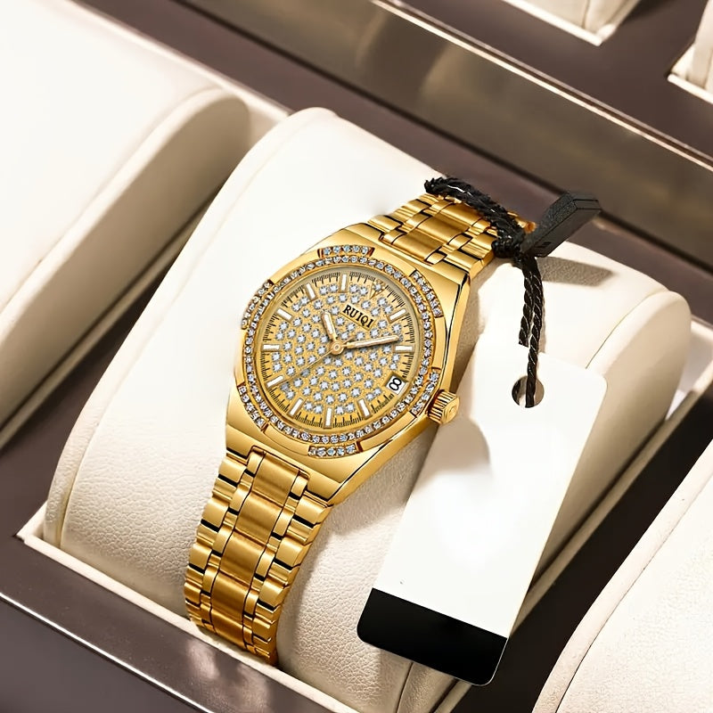 Automatic Mechanical Women's Watch — Rhinestone Dial, Calendar, Luminous Hands, Battery-Free, Stainless Steel Band