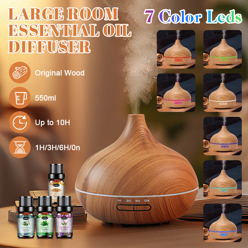 550ml (18.6 fl oz) Ultrasonic Essential Oil Diffuser with 12-Pack Oils, Remote, 7-Color LED & Timers — Large Aroma Humidifier for Bedroom Spa Yoga Hotel