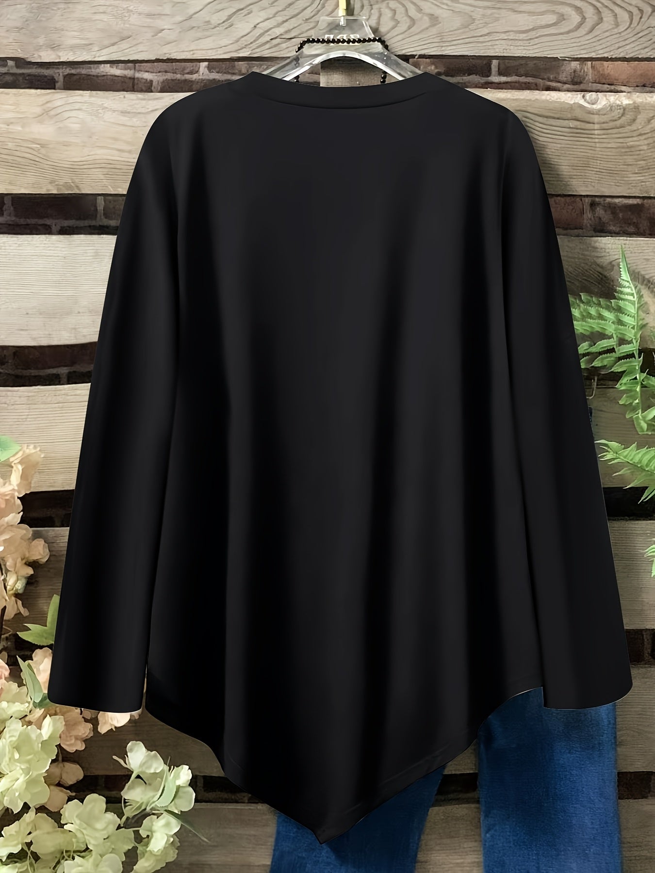 Plus Size Women's Loose Fit Long Sleeve Top with Button Detail, Round Neck & Asymmetrical Hem