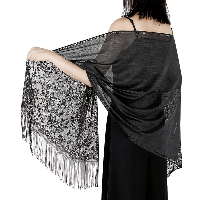 Lightweight Fringe Shawl Wrap for Women — Solid Floral Lace Evening Scarf for Weddings & Parties
