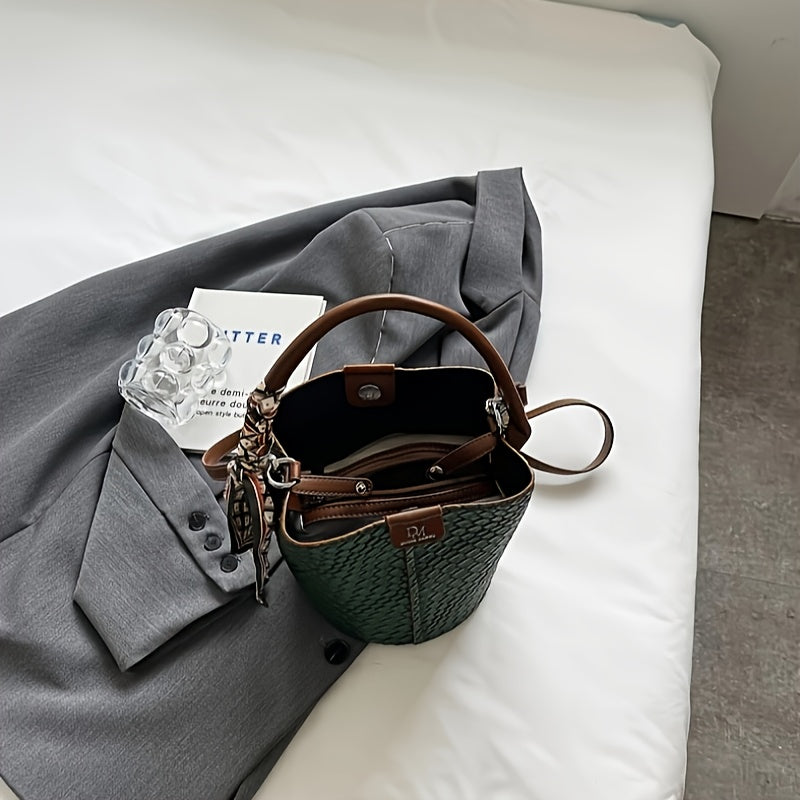 Women's Woven Bucket Handbag & Crossbody Bag - Detachable Strap, Gold-Tone Hardware, PU Leather Tote (Black, Beige, Green, Dark Brown)