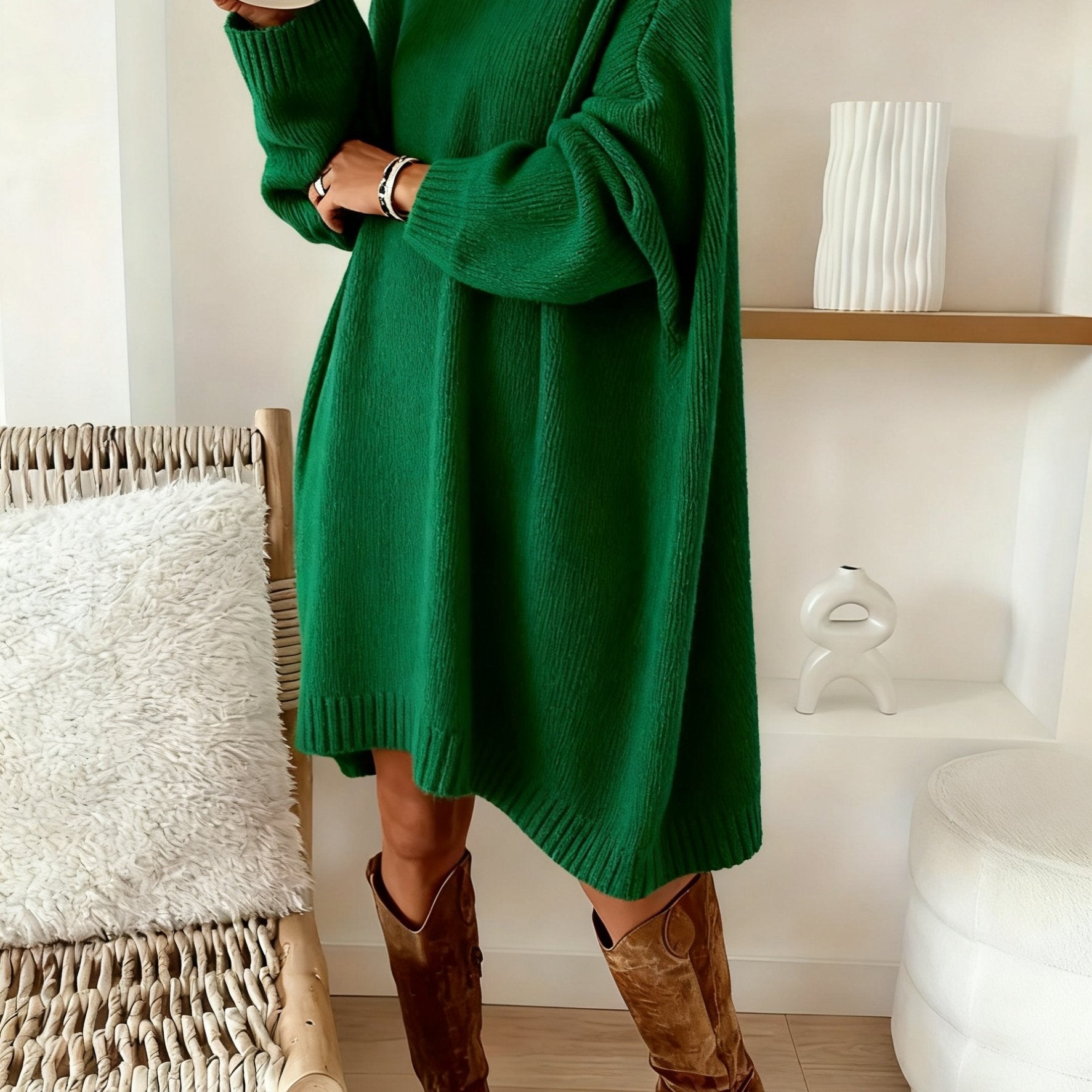 Plus Size Oversized Sweater Dress - Soft Beige Long Knit Pullover Coat, Crew Neck, Relaxed Fit, Machine Washable