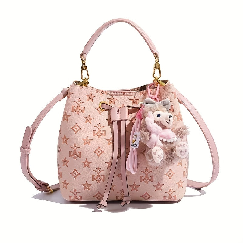 Purple Bucket Bag for Women – Large Capacity Embossed Geometric Handbag with Adjustable Strap & Gold Hardware