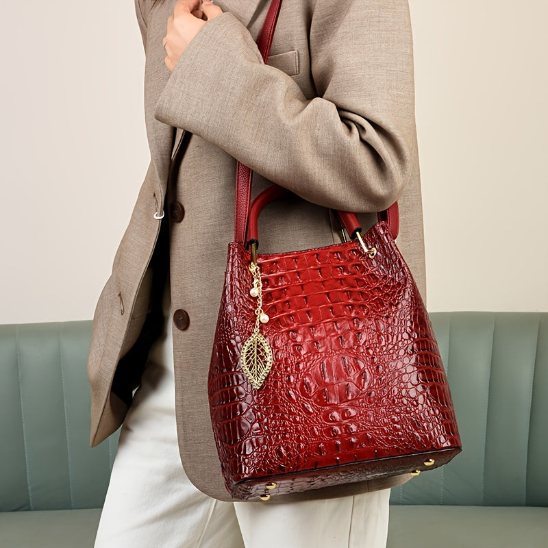 Women's Minimalist Crocodile PU Bucket Bag – Zipper Closure, Removable Strap Hand & Shoulder Bag (White, Red)