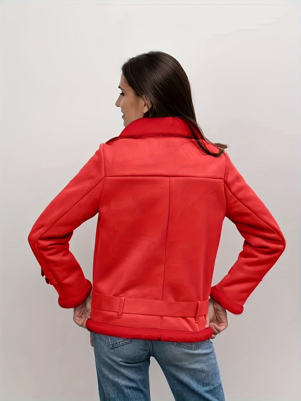 Women's Velvet PU Leather Jacket with Retro Collar – Thickened Lined Casual Coat