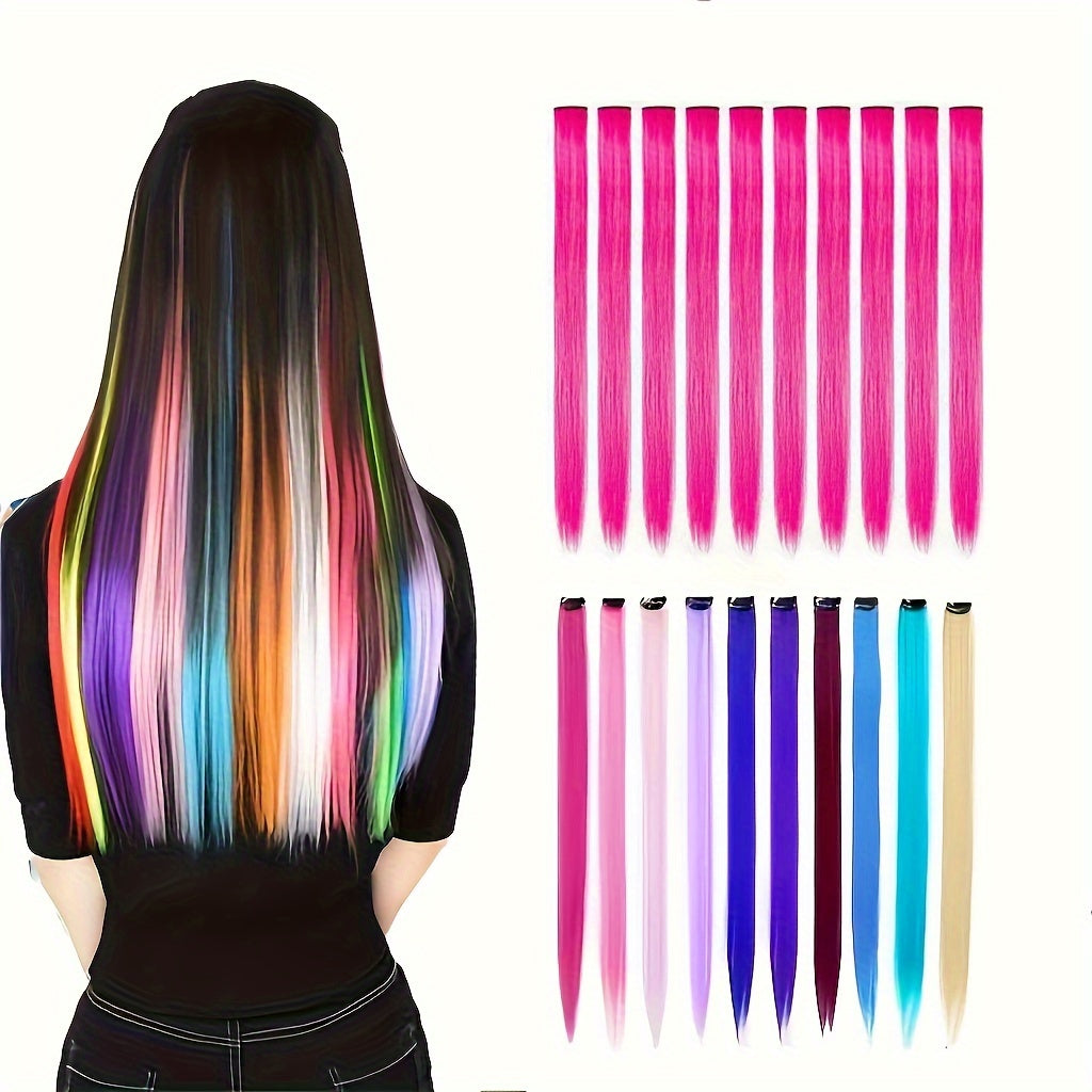 10-Pack 18-Inch (45 cm) Clip-In Hair Extensions — Straight Multicolor Highlights, Heat-Resistant Synthetic Clip-On Strands