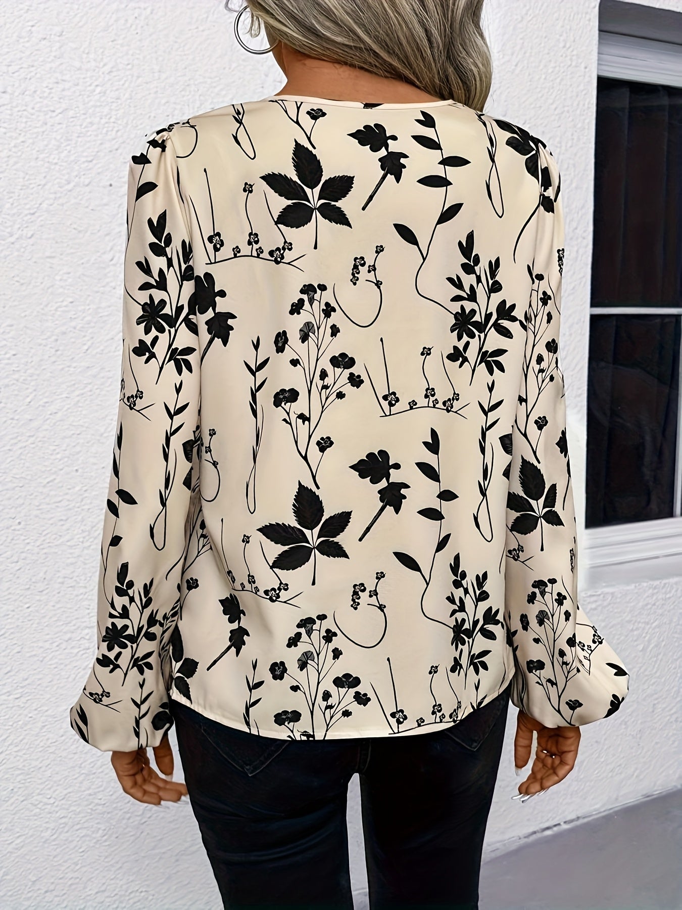 Women's Elegant Floral V-Neck Blouse with Lantern Sleeves - Long Sleeve All-Season Top
