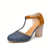 Women's Retro Colorblock T-Strap Block Heel Sandals, Round Toe, Buckle Closure