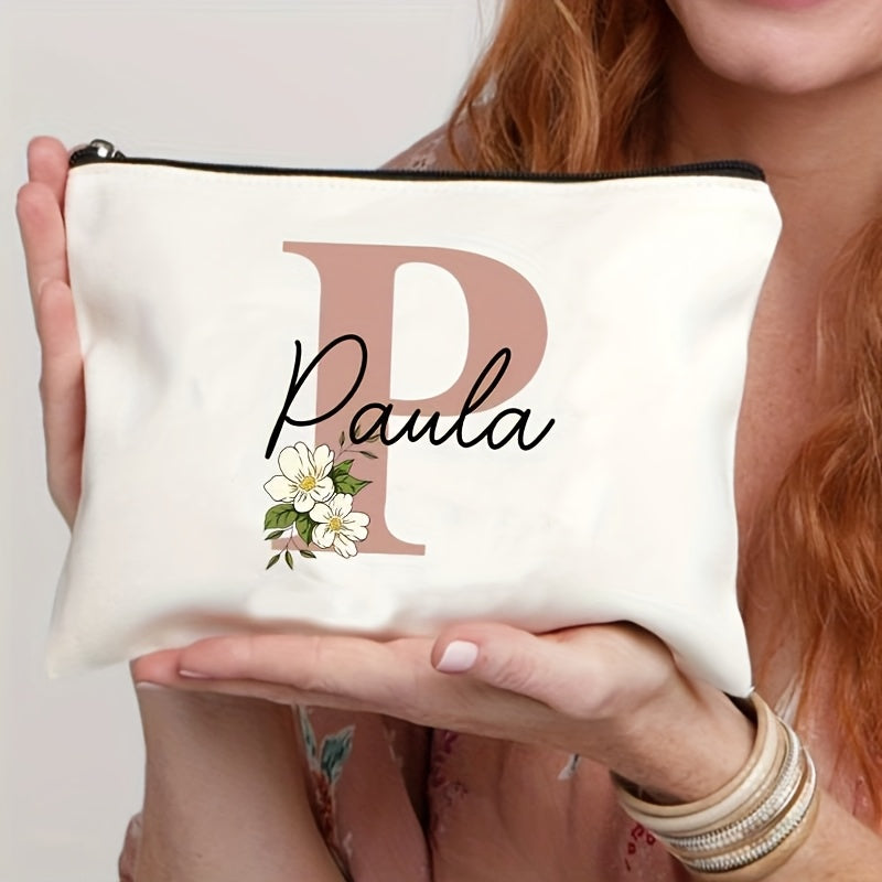 Customizable Floral Makeup Bag - Foldable Polyester Cosmetic Pouch for Travel, Zippered Toiletry Organizer, Machine Washable, Ideal Bachelorette Gift
