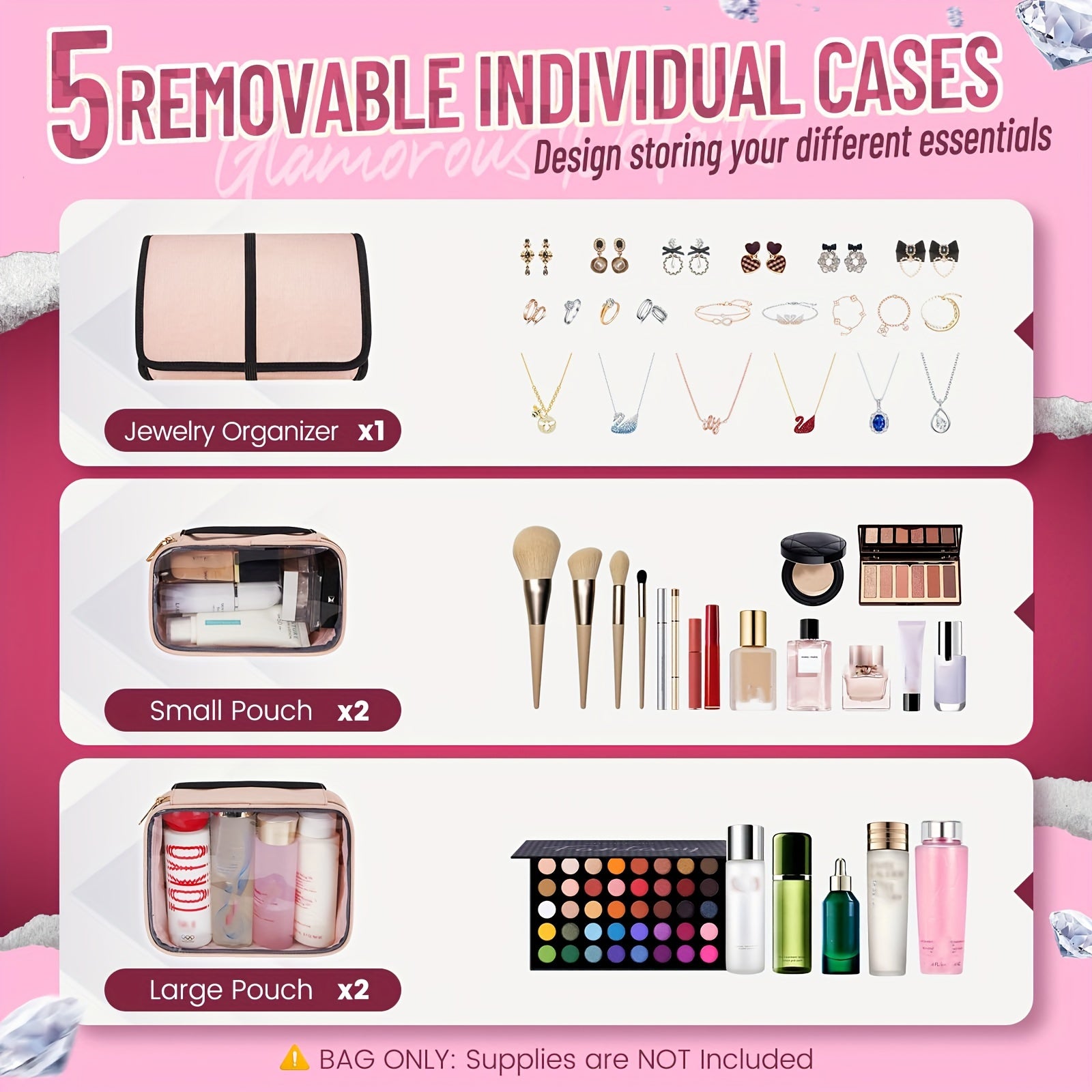 Large Travel Makeup Organizer Bag - 4 Removable Cases & Jewelry Roll, 13 in (33 cm) Pink Cosmetic Toiletry Case with Multiple Pockets