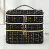 Large Capacity Black Rhombus Travel Organizer Bag – 3-Tier Double-Layer Makeup Case with Gold Zippers