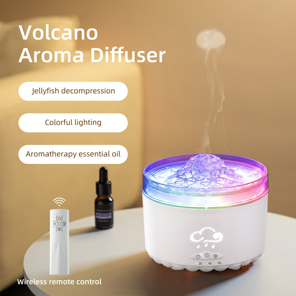 Volcano-Shaped Aromatherapy Diffuser — Colorful LED Jellyfish Design, 300 mL/h Mist, Remote & USB-Powered for Bedroom Office Living Room