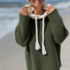 Plus Size Women's Hooded Sweater - Semi-Sheer Tassel Pullover, Machine Washable Long Sleeve Fall/Winter Top