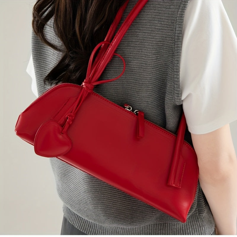 Heart Charm Large Capacity Baguette Shoulder Bag - PU Handbag for Women