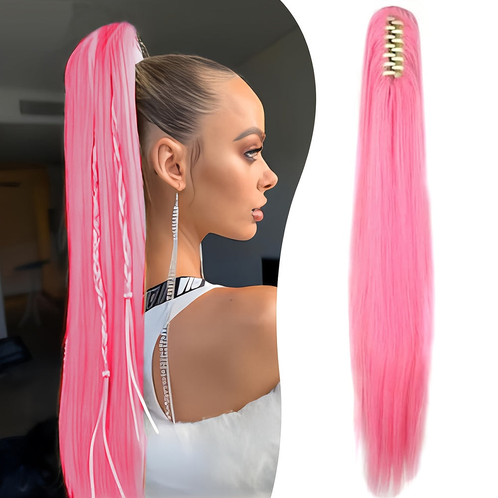 22-Inch (56 cm) Straight Synthetic Ponytail Extension with Claw Clip - Heat-Resistant Black & White Hairpiece for Women