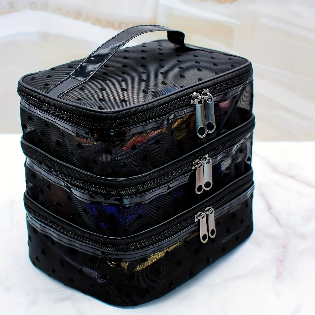 Large Capacity Nylon Multi-Layer Makeup Bag Organizer, Mesh Cosmetic Pouch for Travel & Home, Portable Unisex