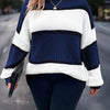 Plus-Size Striped Long Sleeve Knit Sweater – Halter Neck Color Block Pullover (Green, Black & White)