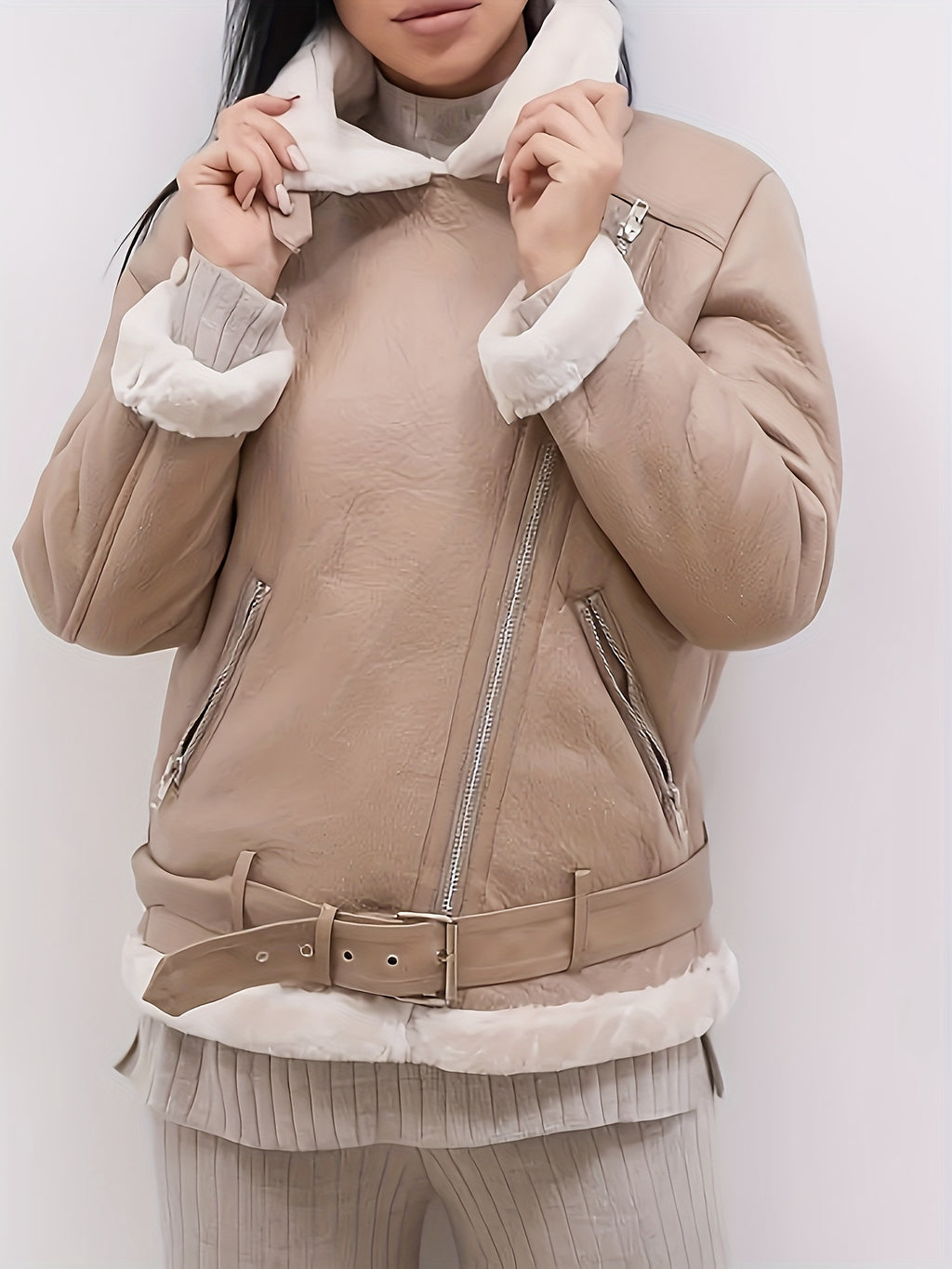 Women's Brown Faux Fur Motorcycle Jacket – Belted Zipper Jacket with Goldtone Hardware & Side Pockets