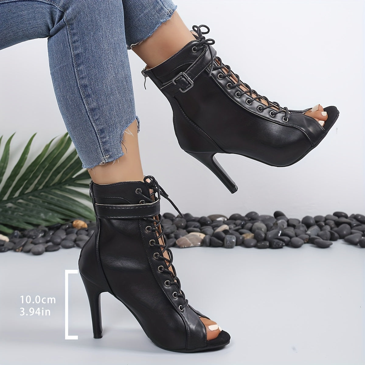 Flexible High-Heel Dance Shoes – Synthetic Open-Toe Ankle Strap Platform (1.6–2.0 in / 4–5 cm) – Black Gothic Lace Accent for Stage, Ballet & Night Out