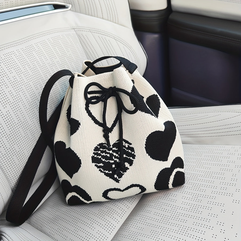 Mini Heart Pattern Bucket Bag - Drawstring Shoulder & Crossbody Handbag