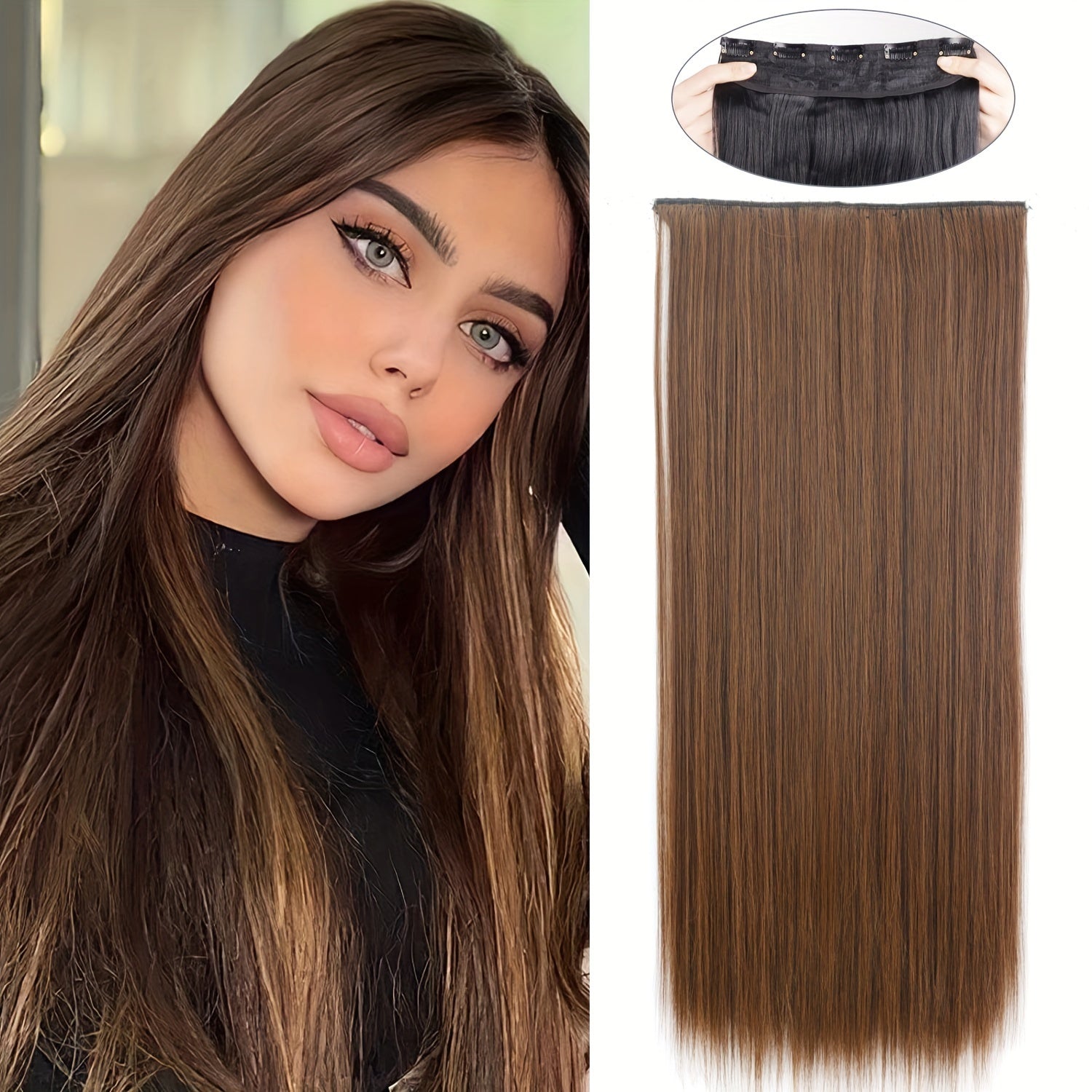 Long Straight Clip-In Hair Extension for Women – One-Piece Synthetic Ponytail Hairpiece, Seamless Natural-Looking Claw Clip