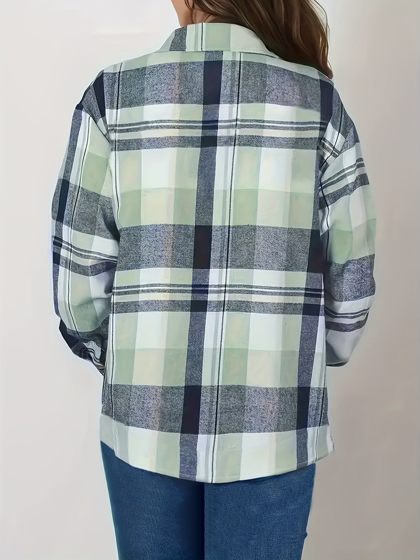 Women's Pink & White Plaid Button-Up Shirt with Chest Pockets, Classic Collar, Machine Washable