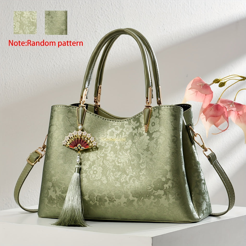 FKTSR Women's Quilted Floral Convertible Handbag with Tassel - Faux Leather Shoulder Bag & Clutch, Magnetic Closure, Removable Strap - Olive Green, Black, Beige