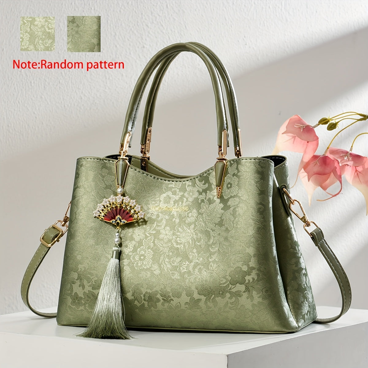 FKTSR Women's Quilted Floral Convertible Handbag with Tassel - Faux Leather Shoulder Bag & Clutch, Magnetic Closure, Removable Strap - Olive Green, Black, Beige