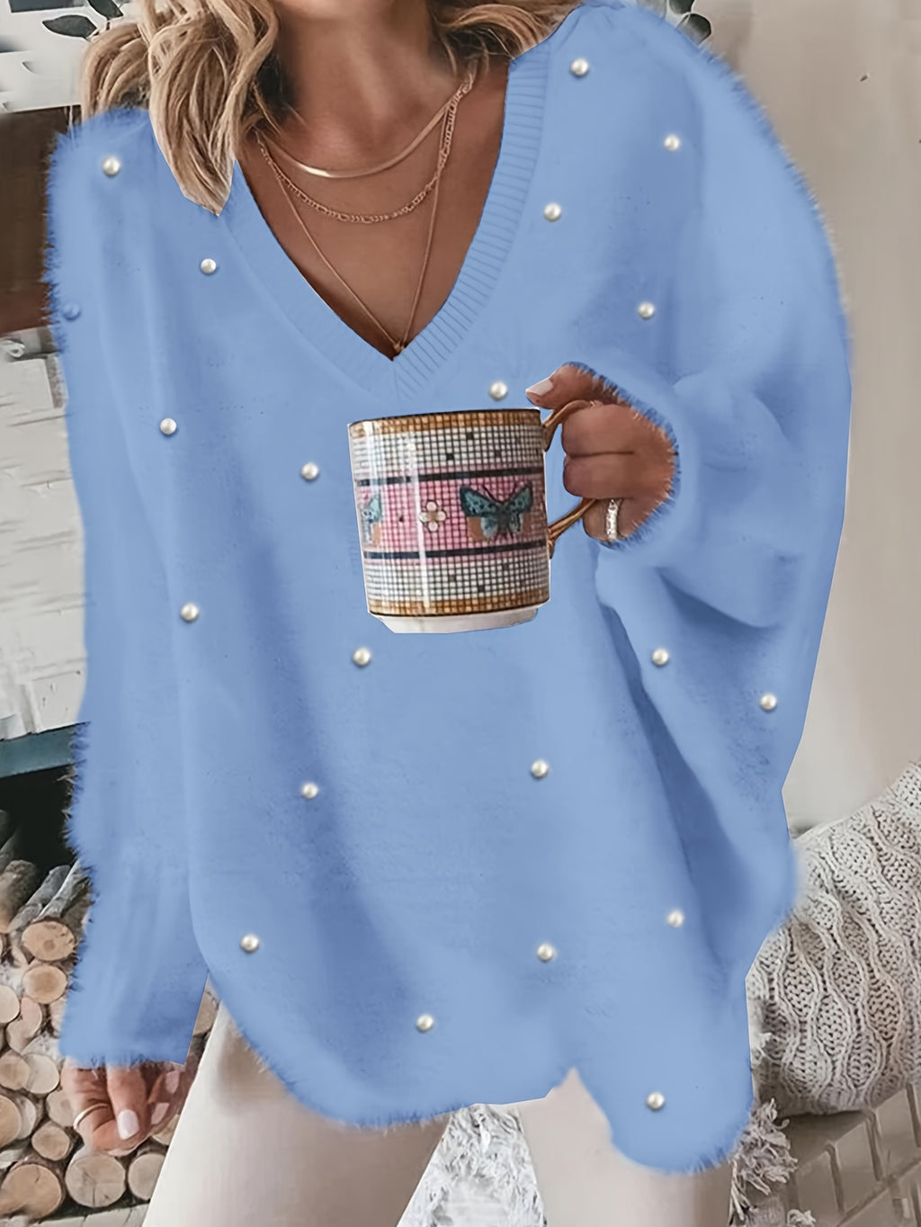 Plus Size V-Neck Sweater – Yellow Geometric Knit with Pearl Buttons & Fleece-Lined Cuffs, Asymmetrical Hem