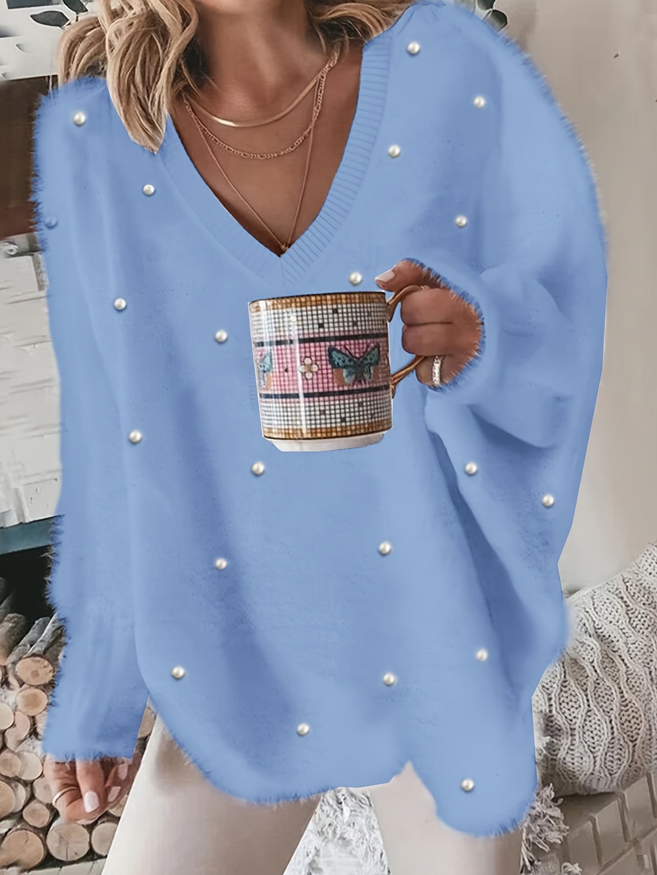 Plus Size V-Neck Sweater – Yellow Geometric Knit with Pearl Buttons & Fleece-Lined Cuffs, Asymmetrical Hem