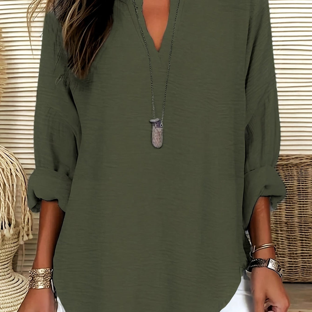 Women's Olive Green V-Neck Loose Fit Blouse - Long Sleeve Drop Shoulder Casual Polyester Top