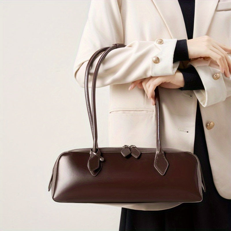 Genuine Leather Baguette Shoulder Bag for Women - Large Capacity Zipper Handbag, Lightweight Everyday Purse