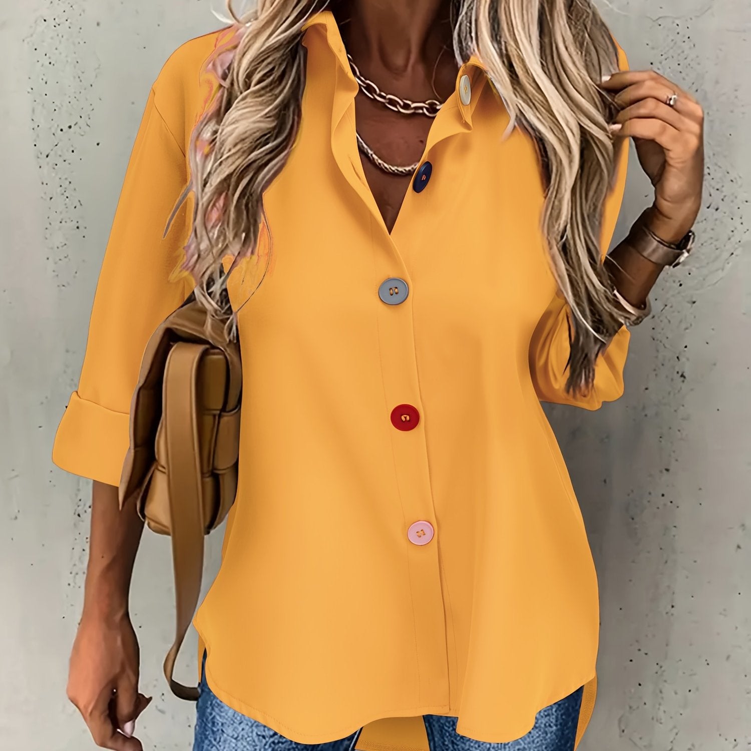 Women's Elegant Button-Front Blouse - Lapel Collar, Machine Washable All-Season Office & Casual Shirt - Green