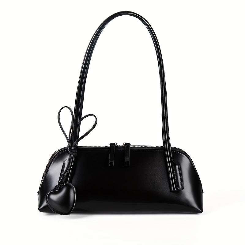 Heart Charm Large Capacity Baguette Shoulder Bag - PU Handbag for Women