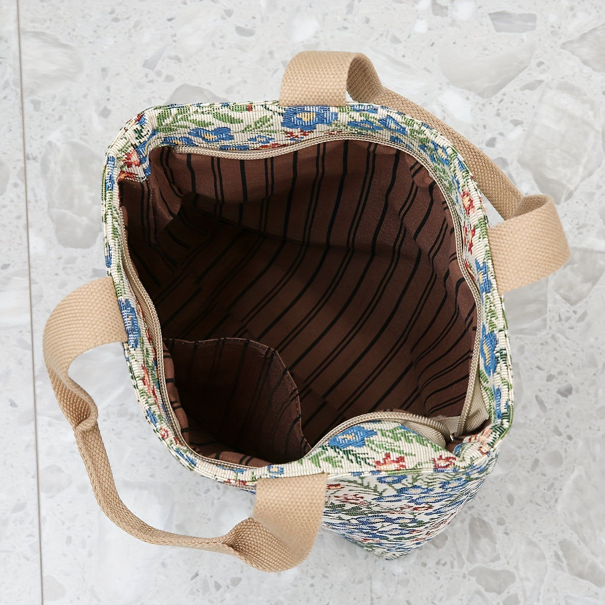 DLIU Vintage Floral Nylon Bucket Handbag – Large Capacity Foldable Tote with Zipper & Back Pocket, Sturdy Shoulder Straps (Red/Blue)