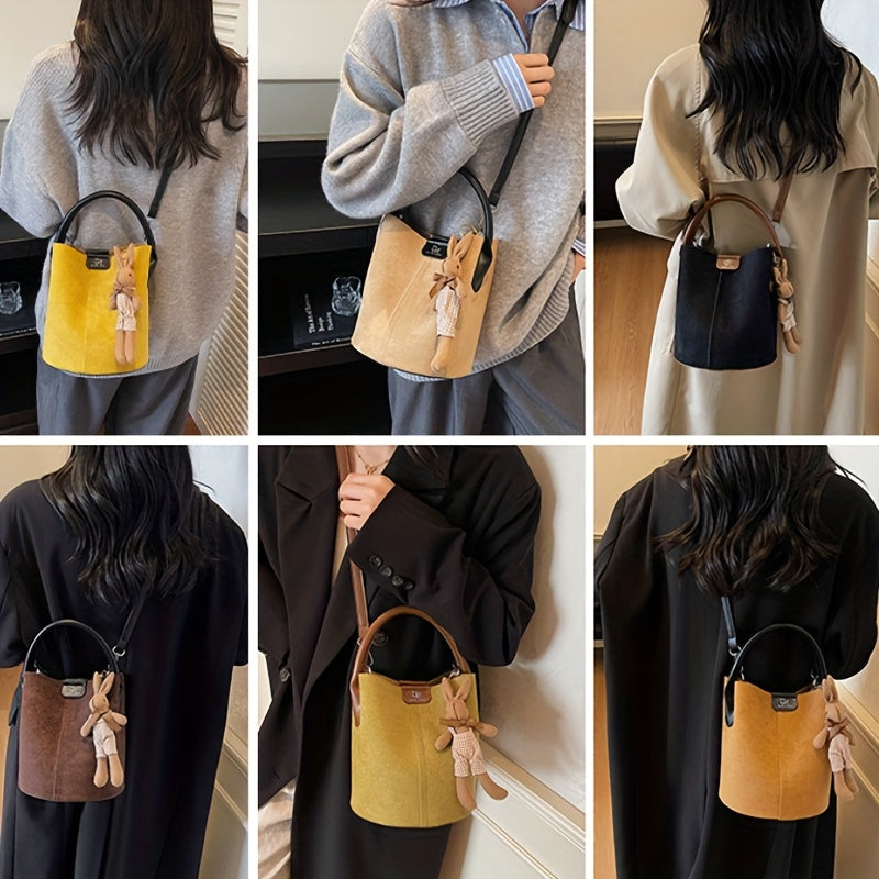 Women's Felt Bucket Bag – Adjustable Crossbody Purse with Magnetic Closure & Gold-Tone Hardware | Khaki, Dark Brown, Green, Yellow, Black