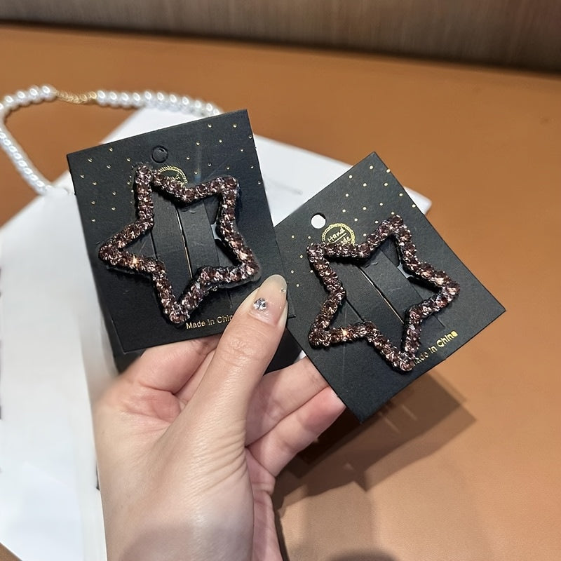 2-Pack Rhinestone Star Hair Clips - Five-Pointed BB Clips for Bangs & Side Hair, Elegant Minimalist Hairpins, Gift for Eid & Ramadan