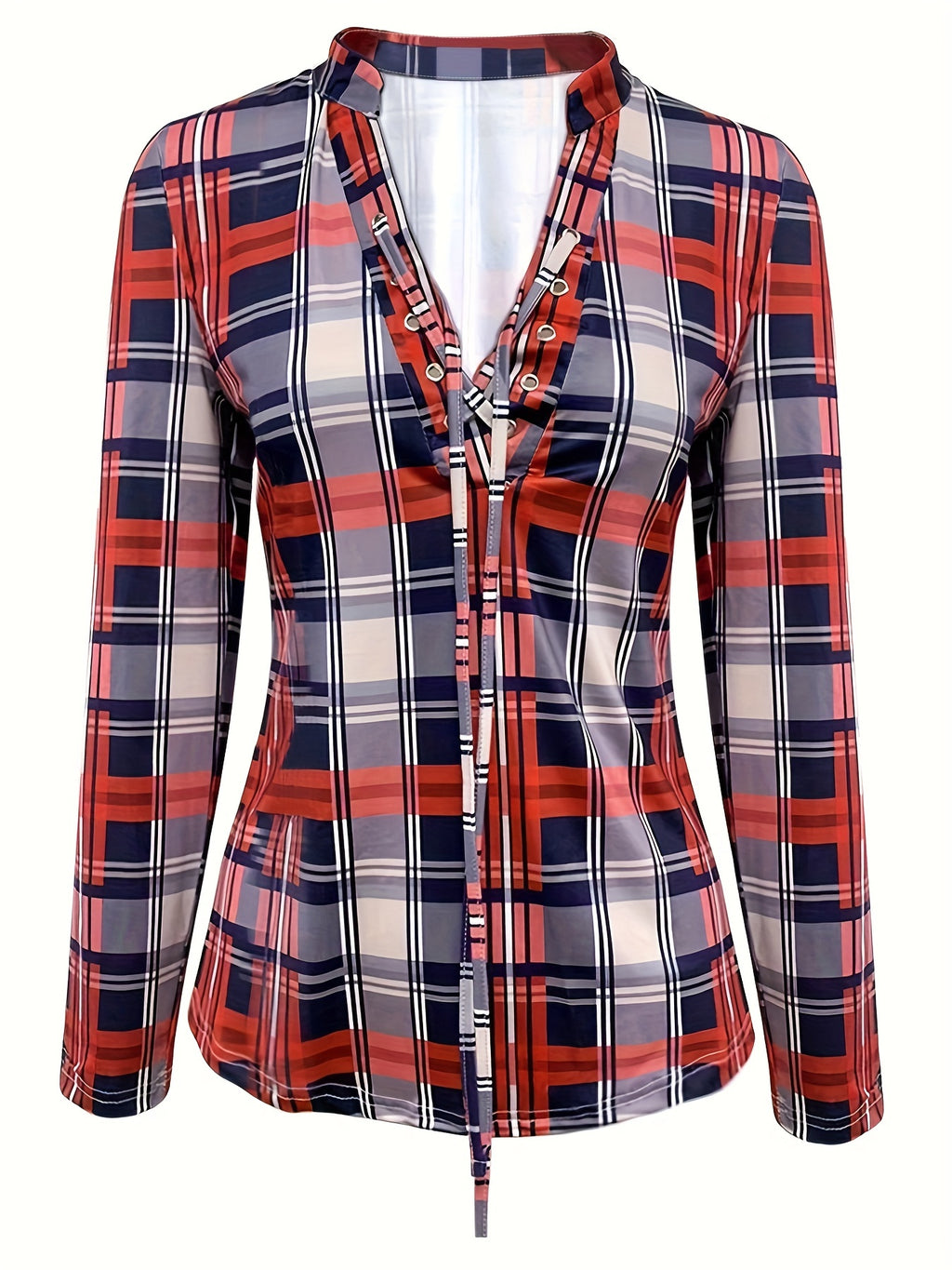 Plaid Drawstring V-Neck Blouse - Casual Long Sleeve Top for Women