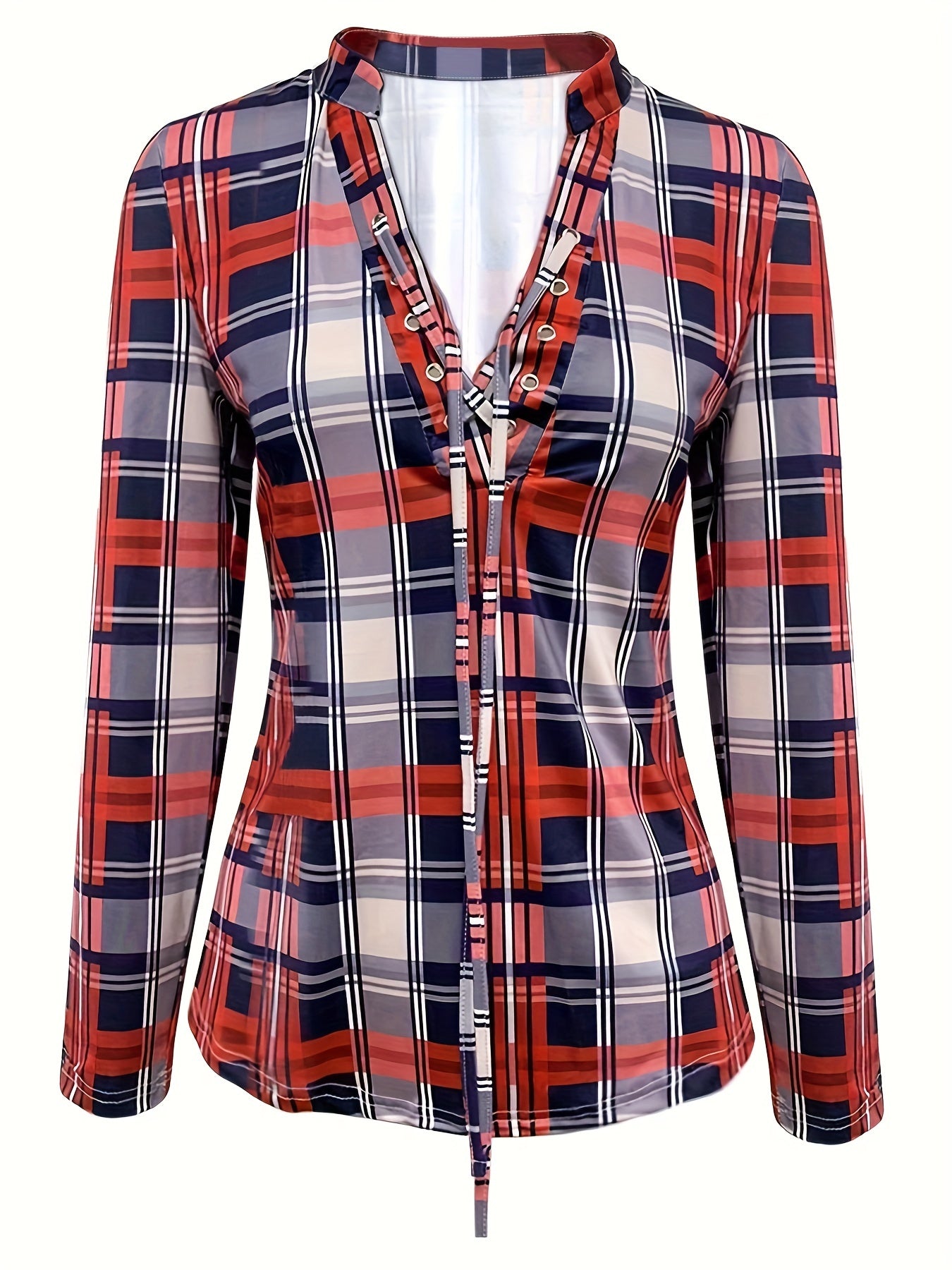 Plaid Drawstring V-Neck Blouse - Casual Long Sleeve Top for Women