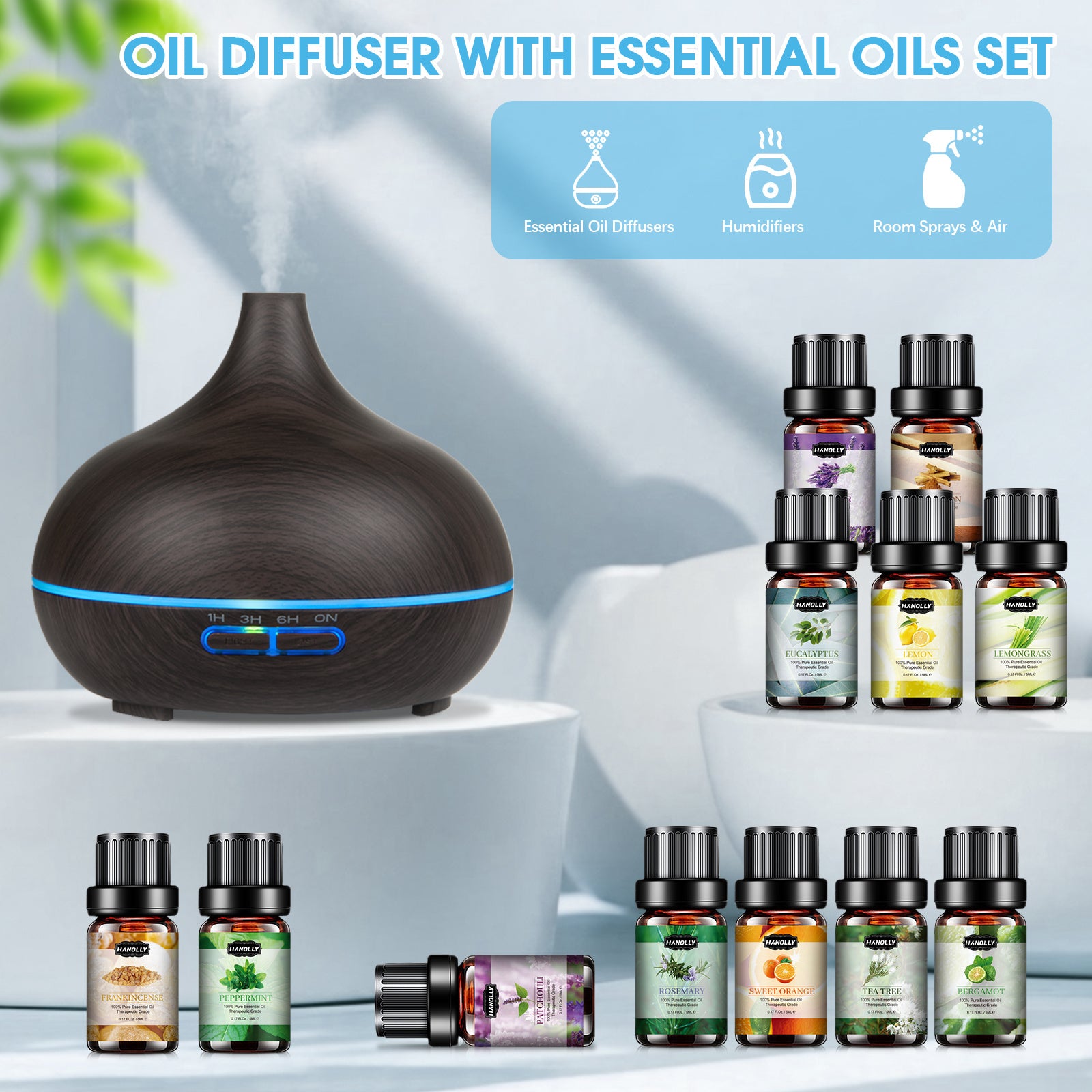 550ml (18.6 fl oz) Ultrasonic Essential Oil Diffuser with 12-Pack Oils, Remote, 7-Color LED & Timers — Large Aroma Humidifier for Bedroom Spa Yoga Hotel