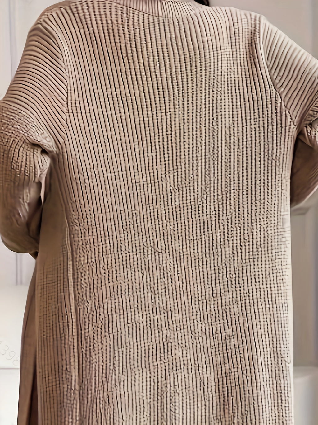 Plus Size Knit Ribbed Dress & Cardigan Set - Beige, Long Sleeve High Neck, Stretchy Fall/Winter