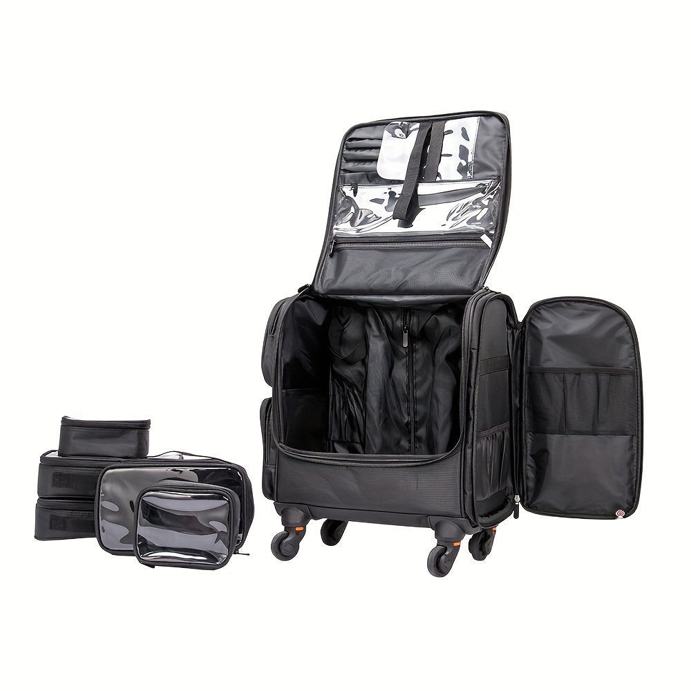Rolling Cosmetic Case with 360° Wheels — Multi-Compartment Nylon Travel Makeup Organizer