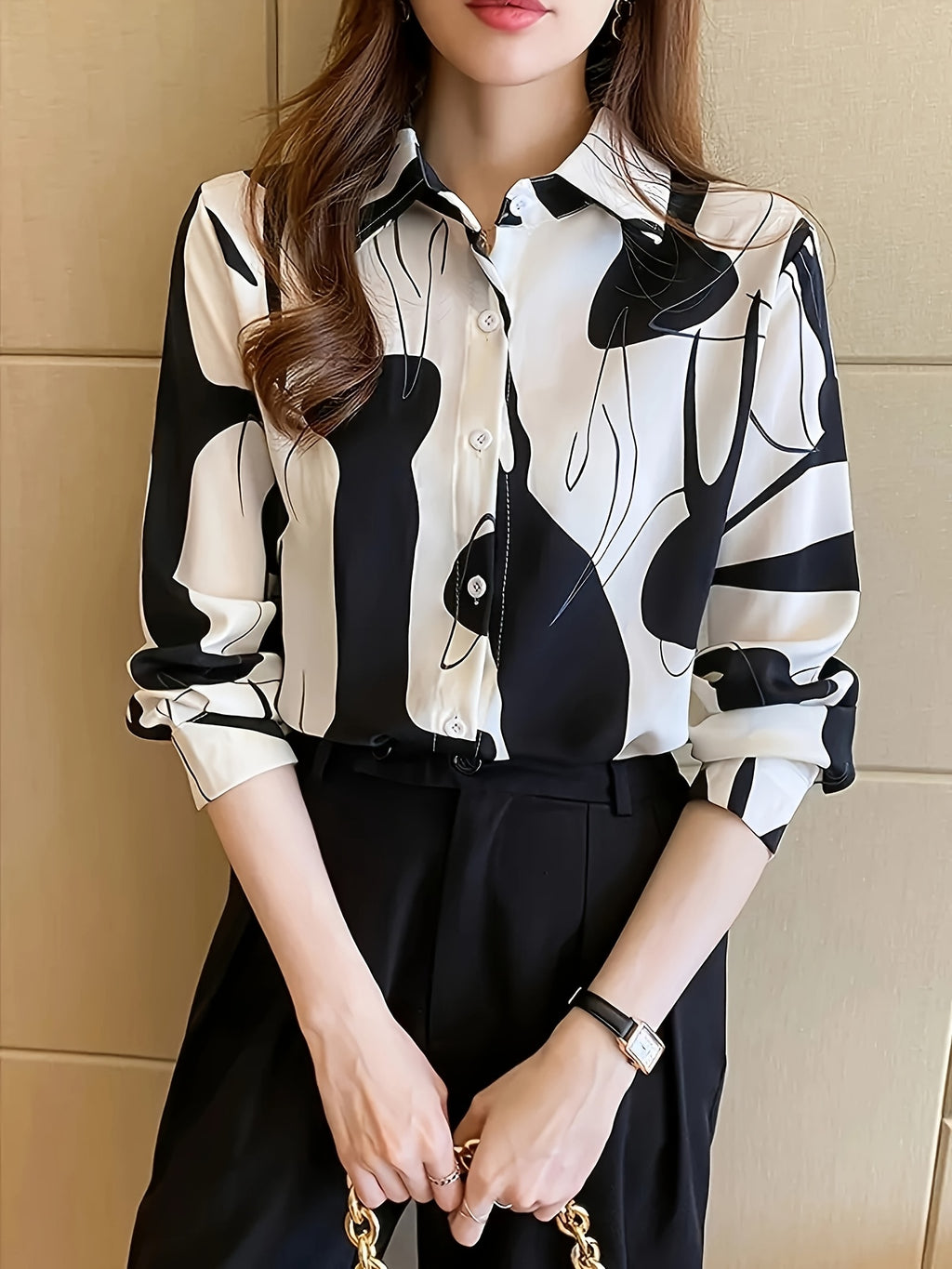 Women's Abstract Geometric Print Long Sleeve Shirt - Elegant Brown White Beige Woven Top, Machine Washable