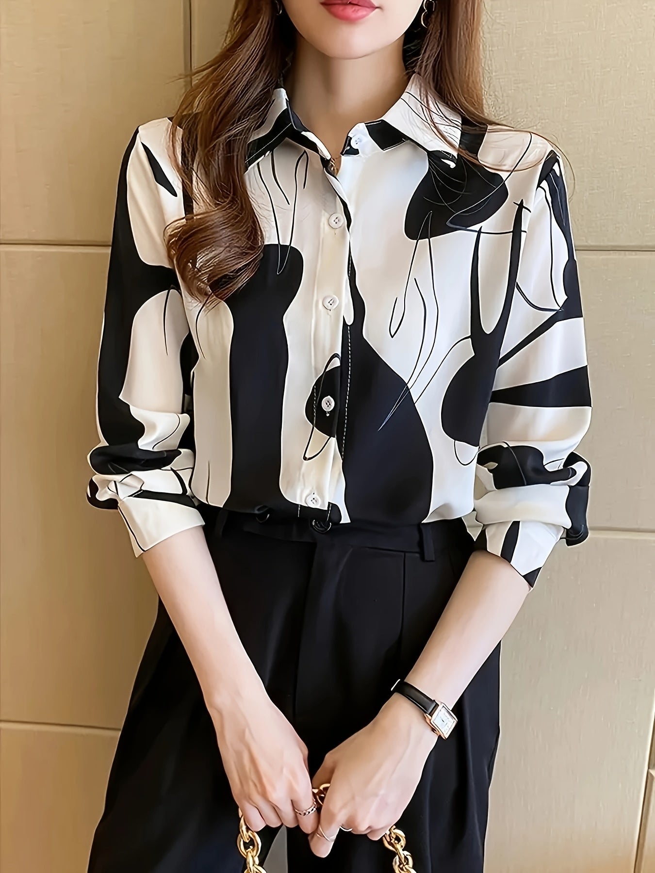 Women's Abstract Geometric Print Long Sleeve Shirt - Elegant Brown White Beige Woven Top, Machine Washable