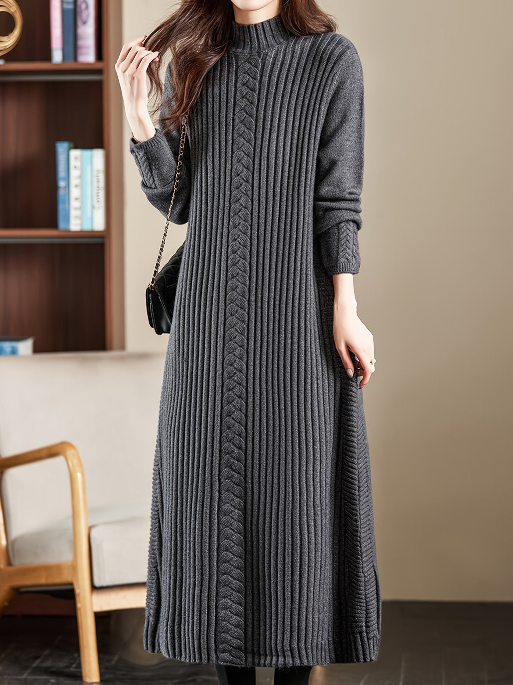 Women's High Neck Long Sleeve Knit Midi Dress - Soft Acrylic Blend, Regular Fit