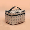 Minimalist Faux Leather Makeup Bag, Beige with Black Handles & Zipper, Compact Square Cosmetic Case and Portable Toiletry Organizer