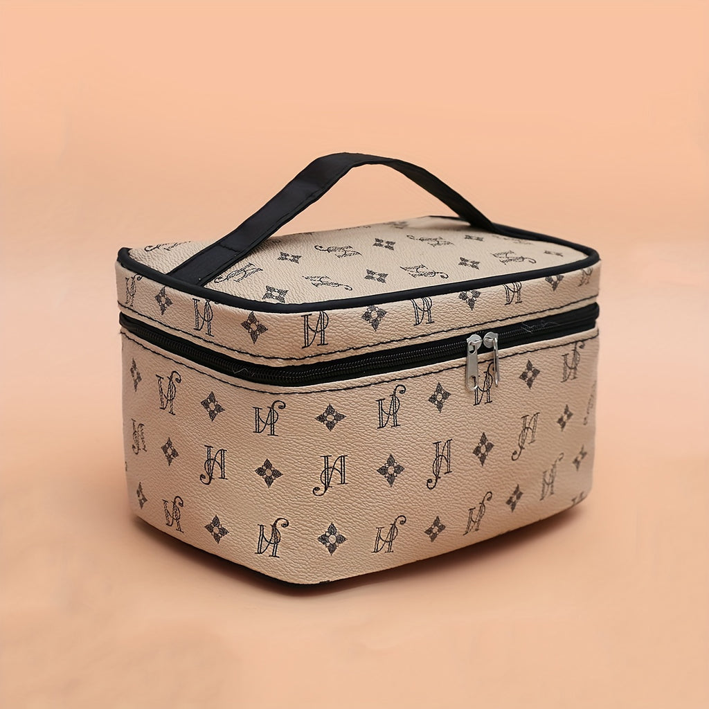 Minimalist Faux Leather Makeup Bag, Beige with Black Handles & Zipper, Compact Square Cosmetic Case and Portable Toiletry Organizer